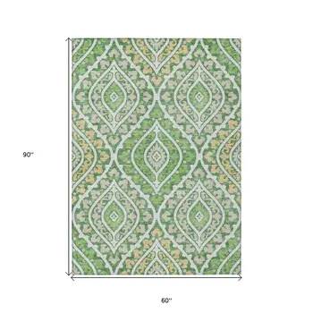 5' X 8' Green Beige And Ivory Floral Washable Indoor Outdoor Area Rug