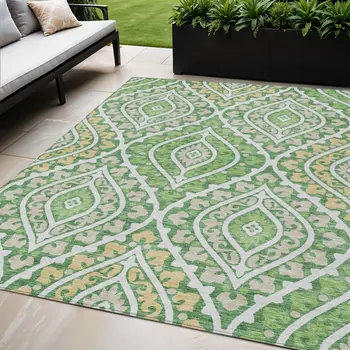 5' X 8' Green Beige And Ivory Floral Washable Indoor Outdoor Area Rug