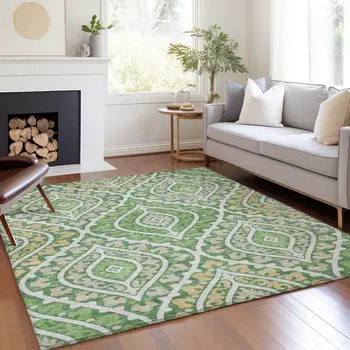 5' X 8' Green Beige And Ivory Floral Washable Indoor Outdoor Area Rug