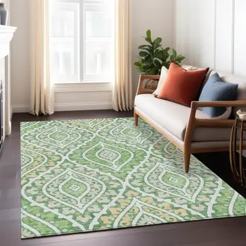 5' X 8' Green Beige And Ivory Floral Washable Indoor Outdoor Area Rug