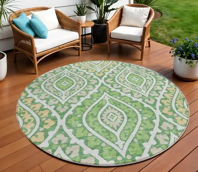 8' Green Beige And Ivory Round Floral Washable Indoor Outdoor Area Rug