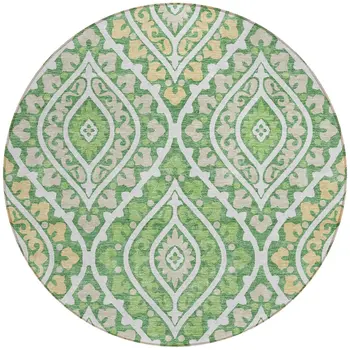 8' Green Beige And Ivory Round Floral Washable Indoor Outdoor Area Rug
