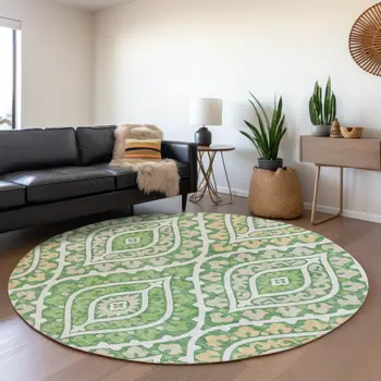 8' Green Beige And Ivory Round Floral Washable Indoor Outdoor Area Rug