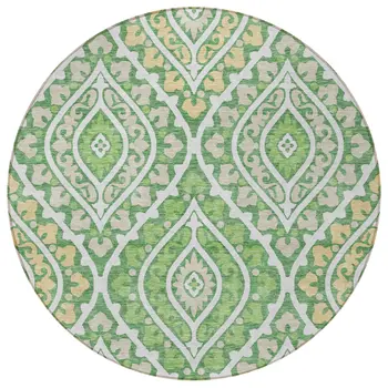 8' Green Beige And Ivory Round Floral Washable Indoor Outdoor Area Rug