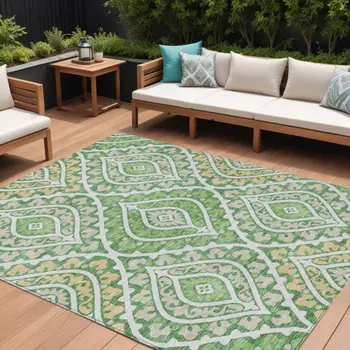 8' X 10' Green Beige And Ivory Floral Washable Indoor Outdoor Area Rug