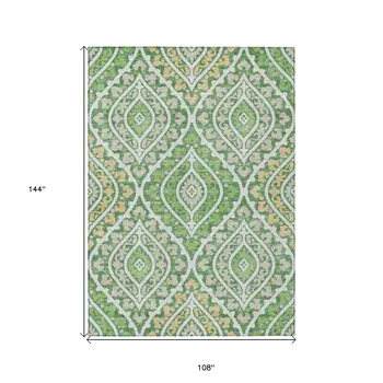 9' X 12' Green Beige And Ivory Floral Washable Indoor Outdoor Area Rug