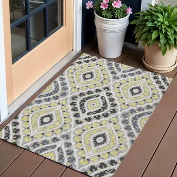 3' X 5' Gray Silver And Charcoal Floral Washable Indoor Outdoor Area Rug