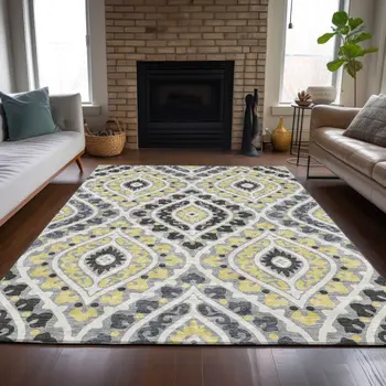 3' X 5' Gray Silver And Charcoal Floral Washable Indoor Outdoor Area Rug