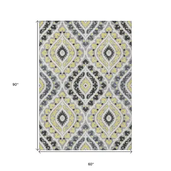 5' X 8' Gray Silver And Charcoal Floral Washable Indoor Outdoor Area Rug