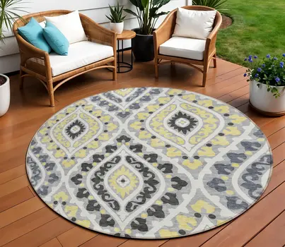 8' Gray Silver And Charcoal Round Floral Washable Indoor Outdoor Area Rug
