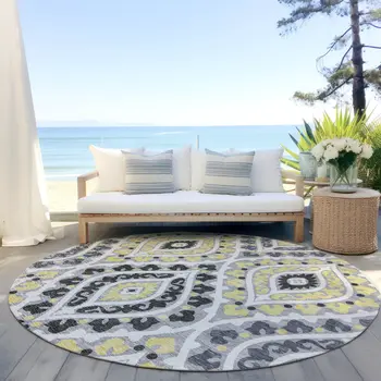 8' Gray Silver And Charcoal Round Floral Washable Indoor Outdoor Area Rug
