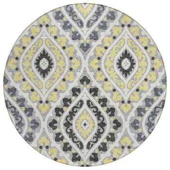 8' Gray Silver And Charcoal Round Floral Washable Indoor Outdoor Area Rug