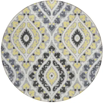 8' Gray Silver And Charcoal Round Floral Washable Indoor Outdoor Area Rug