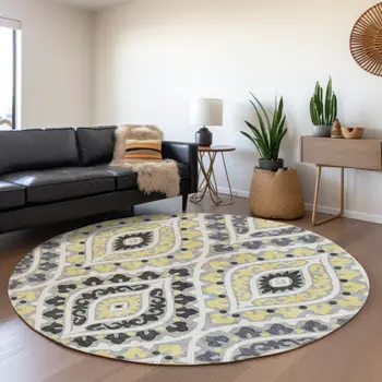 8' Gray Silver And Charcoal Round Floral Washable Indoor Outdoor Area Rug
