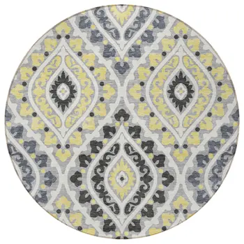 8' Gray Silver And Charcoal Round Floral Washable Indoor Outdoor Area Rug