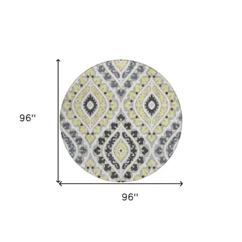 8' Gray Silver And Charcoal Round Floral Washable Indoor Outdoor Area Rug
