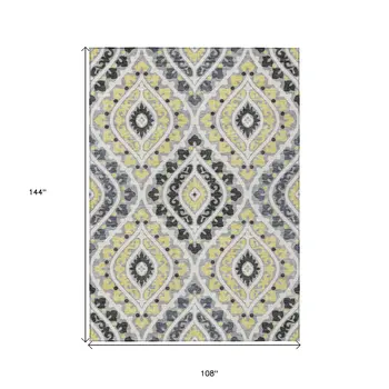 9' X 12' Gray Silver And Charcoal Floral Washable Indoor Outdoor Area Rug