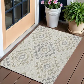 3' X 5' Ivory Beige And Gray Floral Washable Indoor Outdoor Area Rug