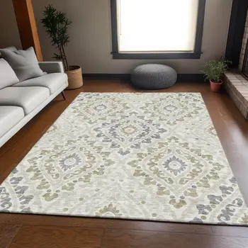 3' X 5' Ivory Beige And Gray Floral Washable Indoor Outdoor Area Rug