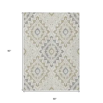 5' X 8' Ivory Beige And Gray Floral Washable Indoor Outdoor Area Rug