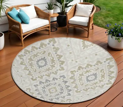8' Ivory Beige And Gray Round Floral Washable Indoor Outdoor Area Rug