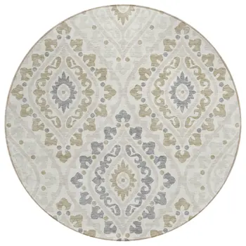 8' Ivory Beige And Gray Round Floral Washable Indoor Outdoor Area Rug