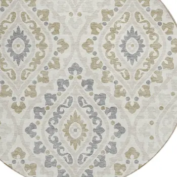 8' Ivory Beige And Gray Round Floral Washable Indoor Outdoor Area Rug