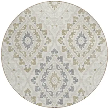 8' Ivory Beige And Gray Round Floral Washable Indoor Outdoor Area Rug