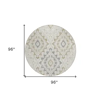 8' Ivory Beige And Gray Round Floral Washable Indoor Outdoor Area Rug