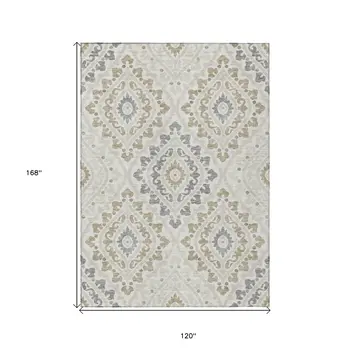 10' X 14' Ivory Beige And Gray Floral Washable Indoor Outdoor Area Rug