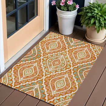 3' X 5' Orange Peach And Ivory Floral Washable Indoor Outdoor Area Rug