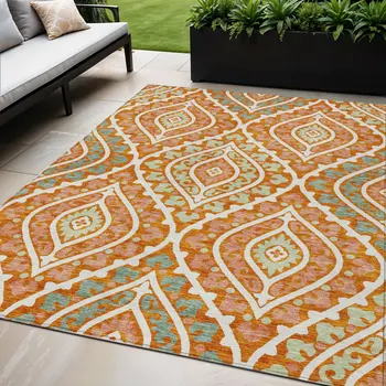 5' X 8' Orange Peach And Ivory Floral Washable Indoor Outdoor Area Rug