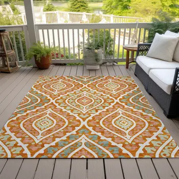 5' X 8' Orange Peach And Ivory Floral Washable Indoor Outdoor Area Rug