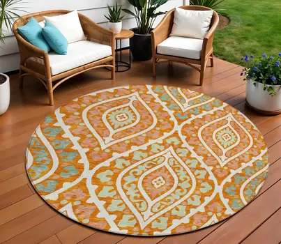 8' Orange Peach And Ivory Round Floral Washable Indoor Outdoor Area Rug