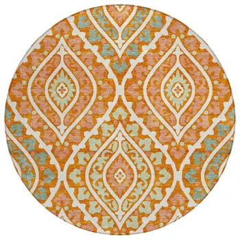 8' Orange Peach And Ivory Round Floral Washable Indoor Outdoor Area Rug
