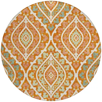 8' Orange Peach And Ivory Round Floral Washable Indoor Outdoor Area Rug