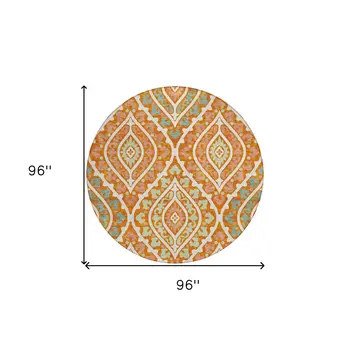 8' Orange Peach And Ivory Round Floral Washable Indoor Outdoor Area Rug