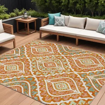 8' X 10' Orange Peach And Ivory Floral Washable Indoor Outdoor Area Rug