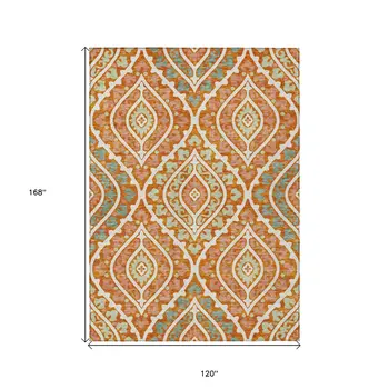 10' X 14' Orange Peach And Ivory Floral Washable Indoor Outdoor Area Rug