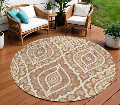 8' Orange Gold And Ivory Round Floral Washable Indoor Outdoor Area Rug