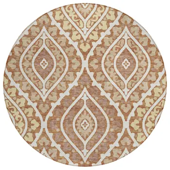 8' Orange Gold And Ivory Round Floral Washable Indoor Outdoor Area Rug