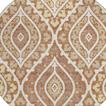 8' Orange Gold And Ivory Round Floral Washable Indoor Outdoor Area Rug