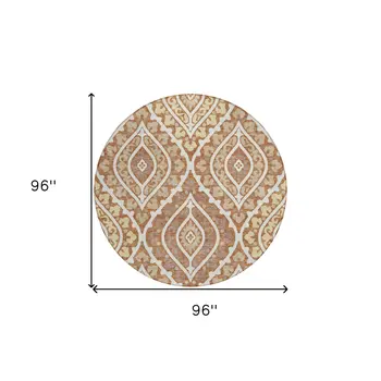 8' Orange Gold And Ivory Round Floral Washable Indoor Outdoor Area Rug