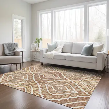 9' X 12' Orange Gold And Ivory Floral Washable Indoor Outdoor Area Rug