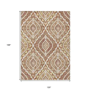 10' X 14' Orange Gold And Ivory Floral Washable Indoor Outdoor Area Rug