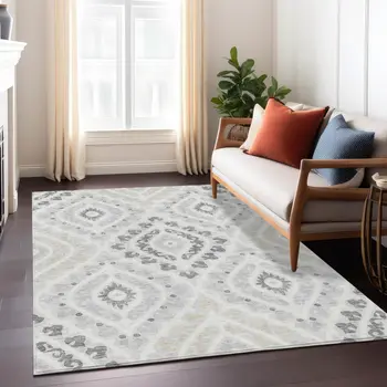 3' X 5' Silver Gray And Ivory Floral Washable Indoor Outdoor Area Rug