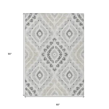 5' X 8' Silver Gray And Ivory Floral Washable Indoor Outdoor Area Rug
