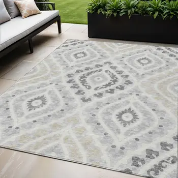 5' X 8' Silver Gray And Ivory Floral Washable Indoor Outdoor Area Rug