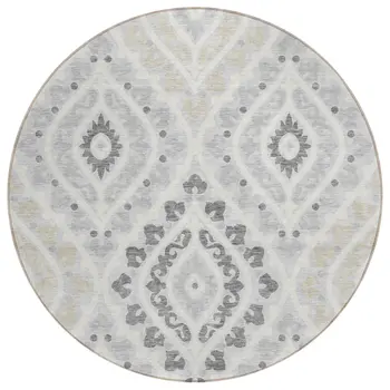 8' Silver Gray And Ivory Round Floral Washable Indoor Outdoor Area Rug