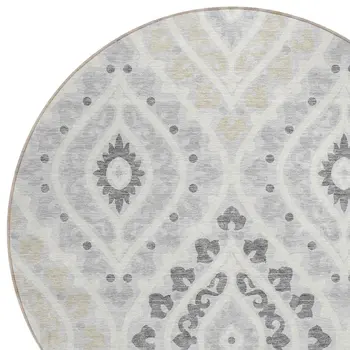 8' Silver Gray And Ivory Round Floral Washable Indoor Outdoor Area Rug